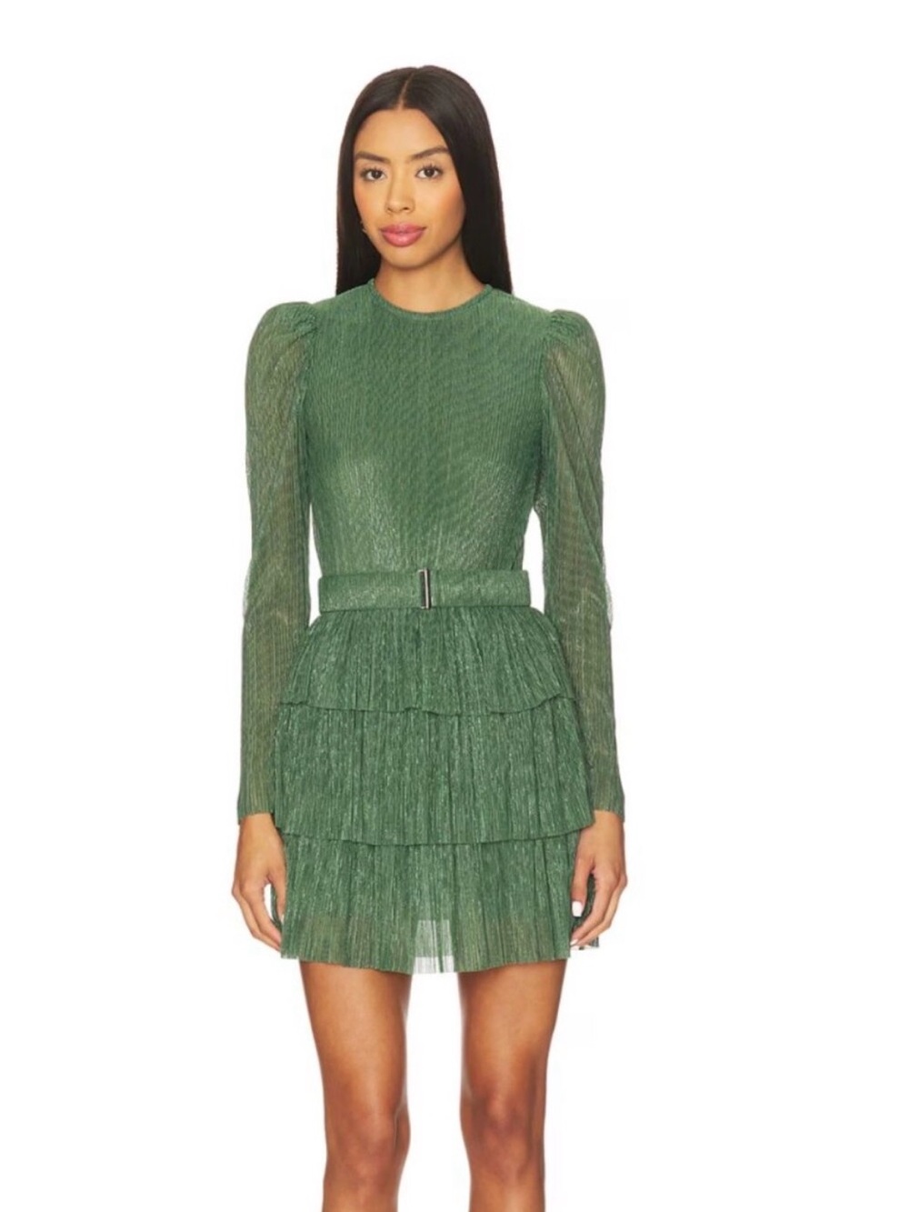 Sabina Musayev Fern Green Tiered Long-Sleeve Mini Dress with belt